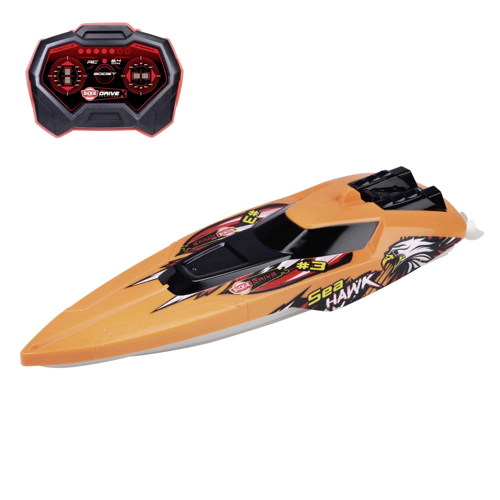 Dickie Toys - RC Boat Sea Hawk - Remote Controlled Boat from 6 Years for Pool or Lake with Protection Function and Turbo Boost, Toy Motor Boat for Children with 2.4 GHz Remote Control, 33 cm, Max. 4