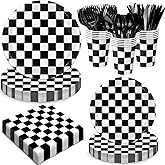 Oigco 168 PCS Race Car Birthday Party Decorations with Checkered Flag Plates, Cups, Napkins, Cutlery for Cars Birthday Decorations, Serves 24