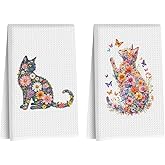 Hanamiya Na 2 Pcs Flower Cat Kitchen Towels, Floral Cat Hand Towel for Bathroom Decor, Kitten Dish Tea Towel for Kitchen Home Bathroom Decor, Pet Gifts for Kitten Lovers Women Girls, 24x14 Inch