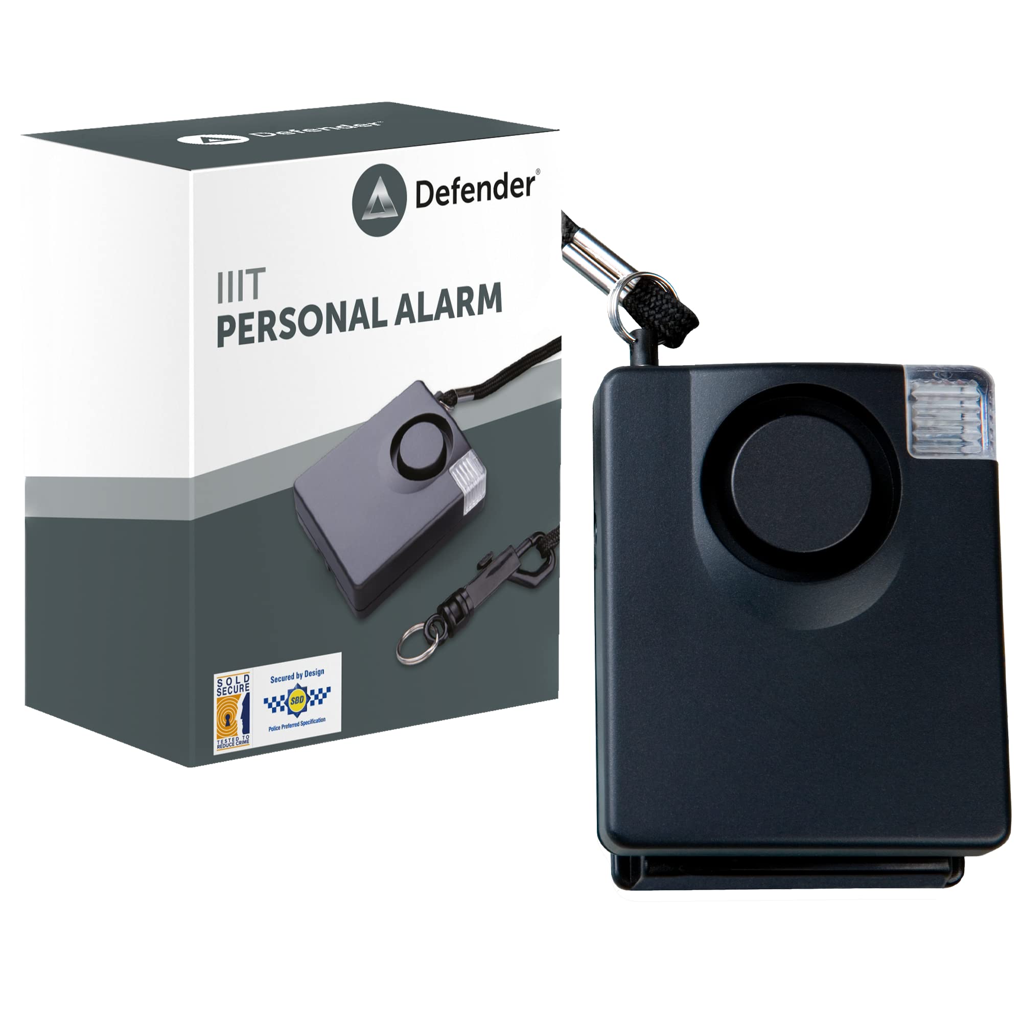 Defender IIIT Ultra Loud Personal Attack Alarm - 143dB Siren High Intensity Strobe Light Panic Alarm - Personal Safety Device - Police Accredited