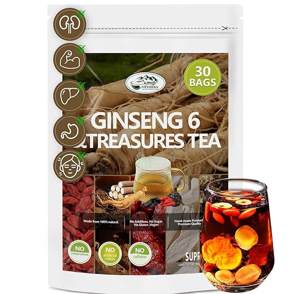 UPGRADE GINSENG SIX TREASURE TEA – TRADITIONAL CHINESE HERBAL BLEND, KIDNEY TEA&GINSENG FIVE TREASURES TEA, MEN AND WOMEN(30BAGS)