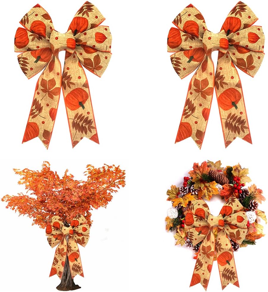 Bows & Ribbons - 2PCS Fall Bow for Wreath, Burlap Pumpkin Wreath Bow for Fall Décor Orange Bow for Front Door Indoor Outdoor Wall Tree Topper Decoration Supplies Autumn Thanksgiving Ornament