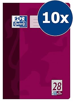OXFORD 100050332 Schulheft Schule 10er Pack A4 32 Blatt Lineatur 28 - kariert mit Rand links & rechts violett