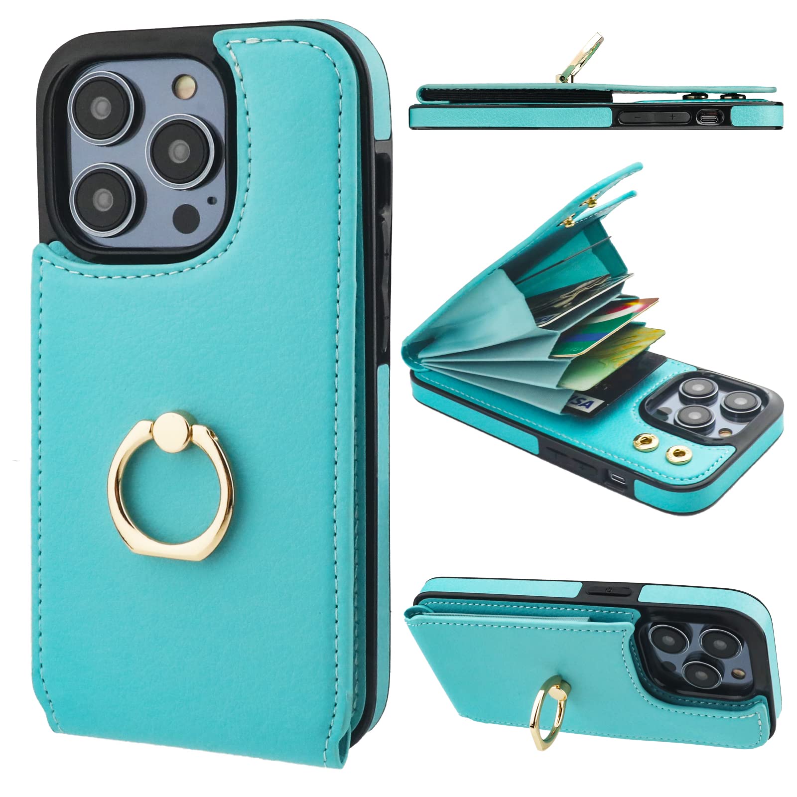 Photo 1 of Folosu Compatible with iPhone 14 Pro Case Wallet with Card Holder, 360°Rotation Finger Ring Holder Kickstand, RFID Blocking Leather Protective Double Buttons Shockproof Cover 6.1 Inch Green