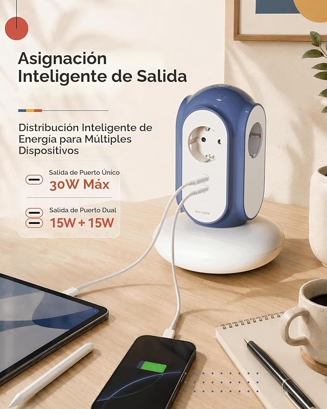 Régua de energia da torre com 3 tomadas AC e 2 USB-C (Carga Rápida 30W), 3680W/16A, Proteção contra Surtos 1420J, Cabo de extensão de 2 m, Proteção Overca (Verde Normandia)