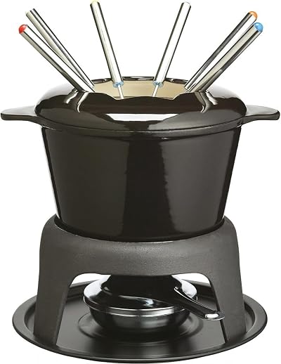 MasterClass Cast Iron Fondue Set 21x18 cm Black with Burner & 6 Forks