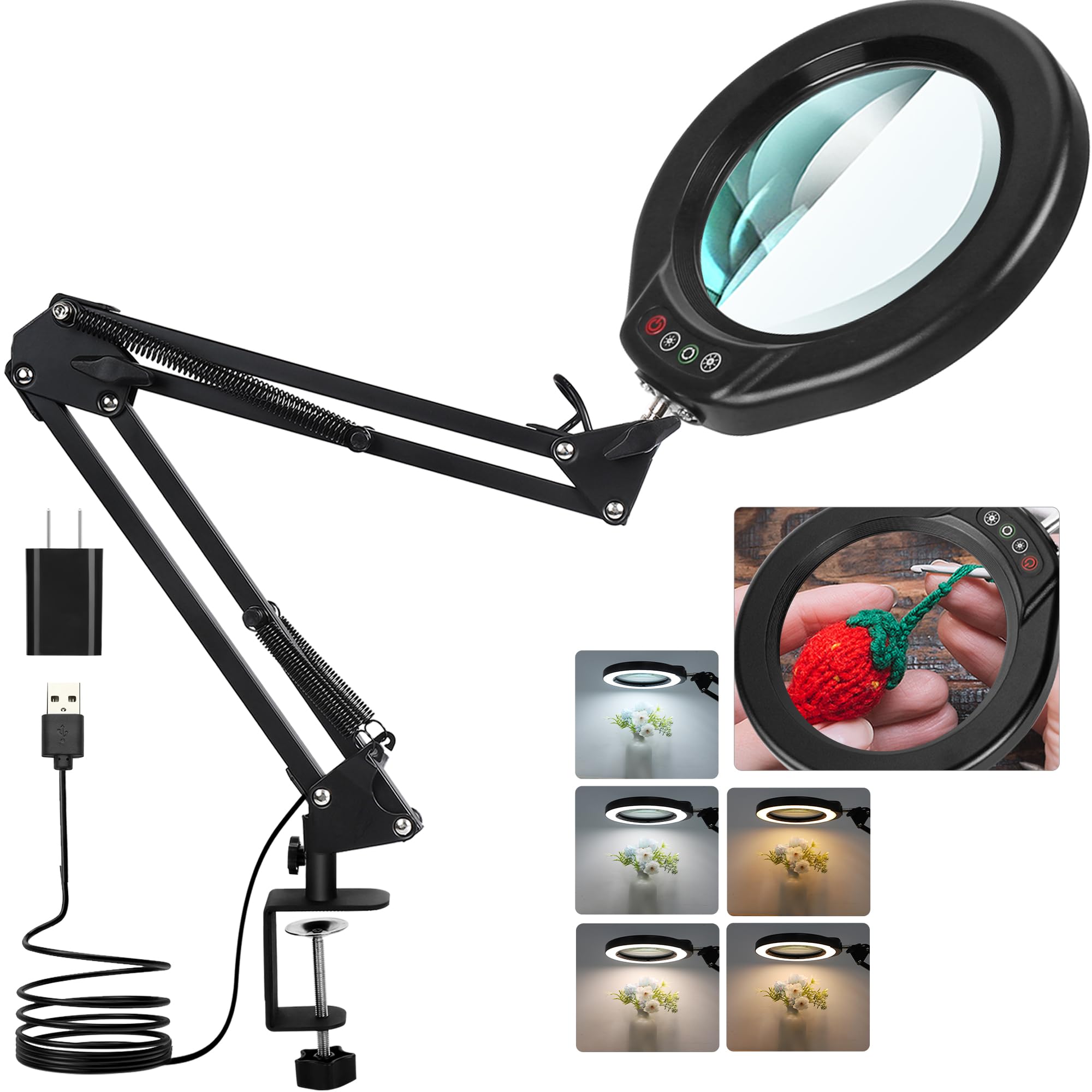 Photo 1 of Veemagni 10X 5 Inch Large Magnifying Glass with Light and Clamp, Real Glass Stand Magnifying Desk Lamp, 5 Color Modes Stepless Dimmable, Hands Free LED Lighted Magnifier for Crafts Reading Close Work
