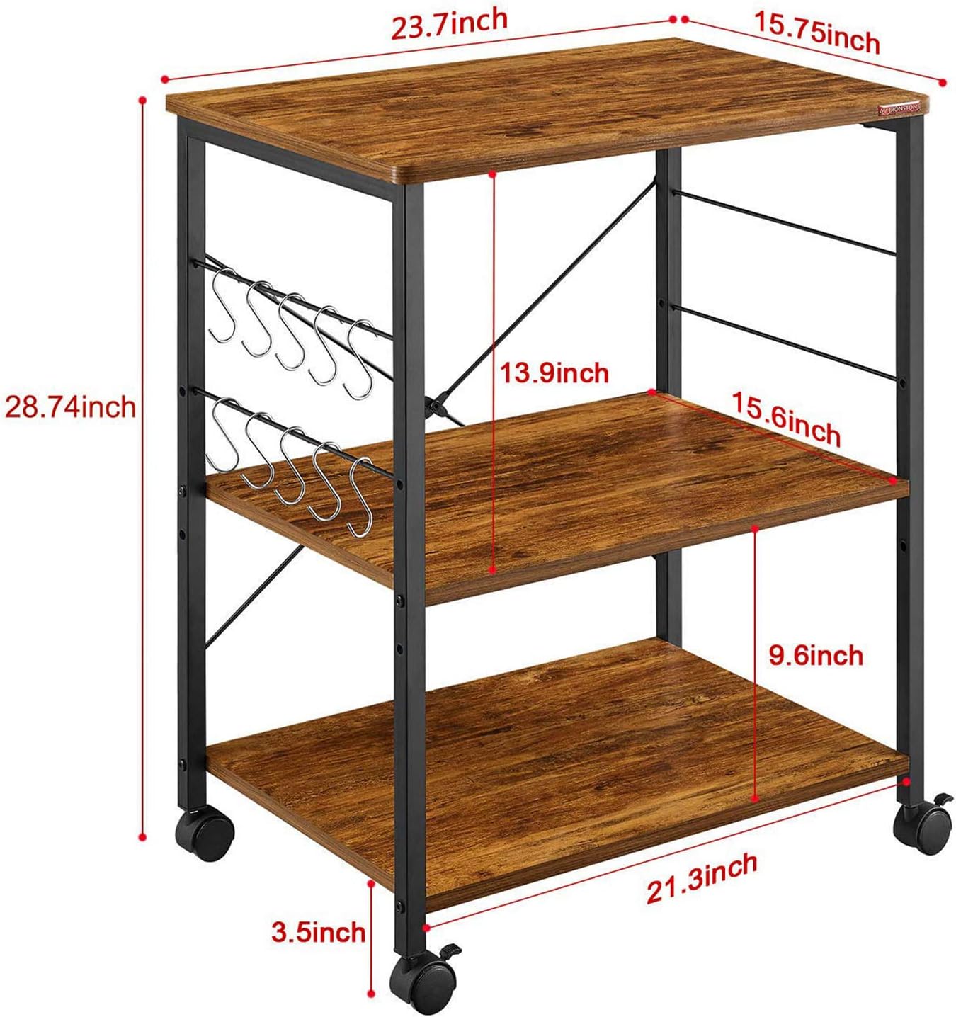 Mr IRONSTONE Kitchen Microwave Cart 3-Tier Kitchen Utility Cart Vintage Rolling Bakers Rack with 10 Hooks for Living Room Decoration - Standing Baker's Racks