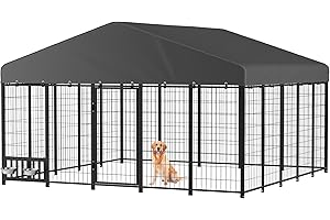 JFHID Heavy Duty Outdoor Dog Kennel for Yard, 10x10 Large Steel Chain Link Fence with Roof, Dog Run Enclosure with Feeding Bowl & Self-Locking Latch