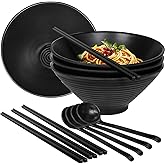 Greentainer Set of 4 Ramen Bowl Set, Melamine Large Japanese Style Noodle Soup Bowls Set with Spoons and Chopsticks for Ramen, Pho, Noodles, Asian Dishes Black,Large Bowl for Adults| Dishwasher Safe