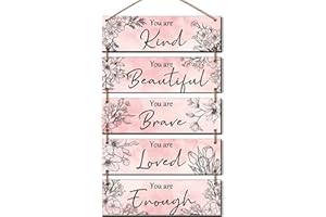 ZINYAZHE 5 Pieces Pink Wall Decor for Girls Floral Wooden Wall Hanging Wall Art Teen Women Bedroom Decor with Inspirational Quote You Are Kind You Are Beautiful You Are Brave You Are Loved You Are Enough(Pink)
