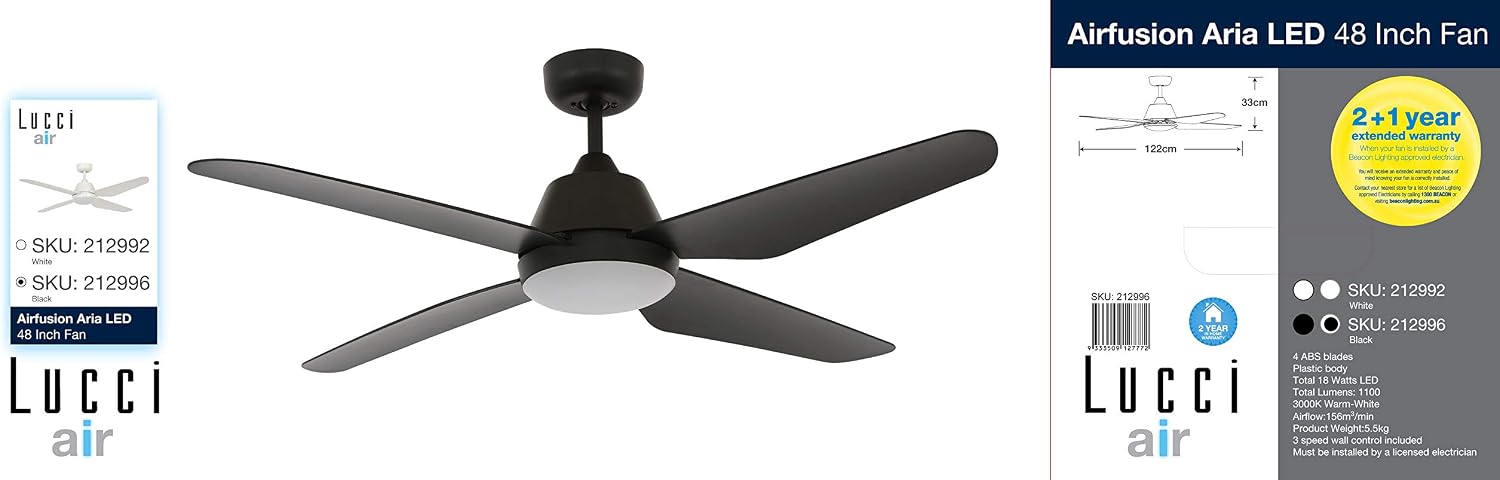 Ceiling Fan Airfusion Aria with LED Lighting and Remote Control by Lucci air, 18 W, Colour: Black, 122 cm Diameter, ABS - Image 3