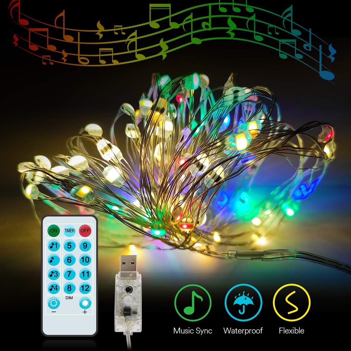 Lumary Music Sync 100 LED 33ft String Light, USB Powered Dimmable Fairy Lights with Timer and Remote Control, Waterproof Decorative Lights for Bedroom, Patio, Garden, Parties, Wedding, Christmas