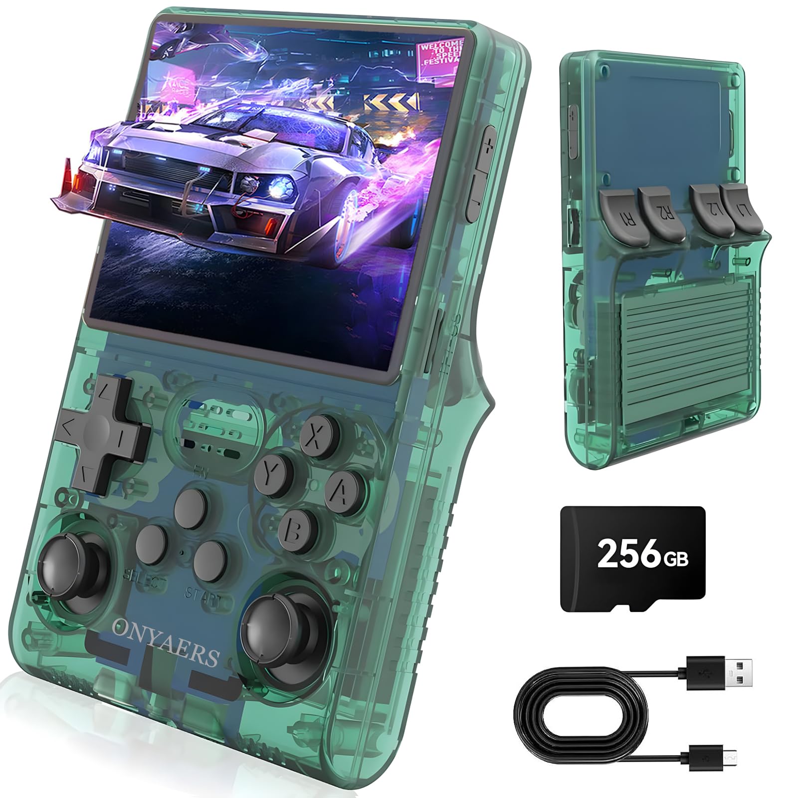 Photo 1 of **PARTS ONLY/DOES NOT TURN ON***ONYAERS R40s Pro Handheld Game Console, Retro Gaming Console with 3.5-in IPS Screen, 256GB Memory Built-in 30,000 HD Video Games, Portable Video Game Consoles with 3800mAh Battery (Green)