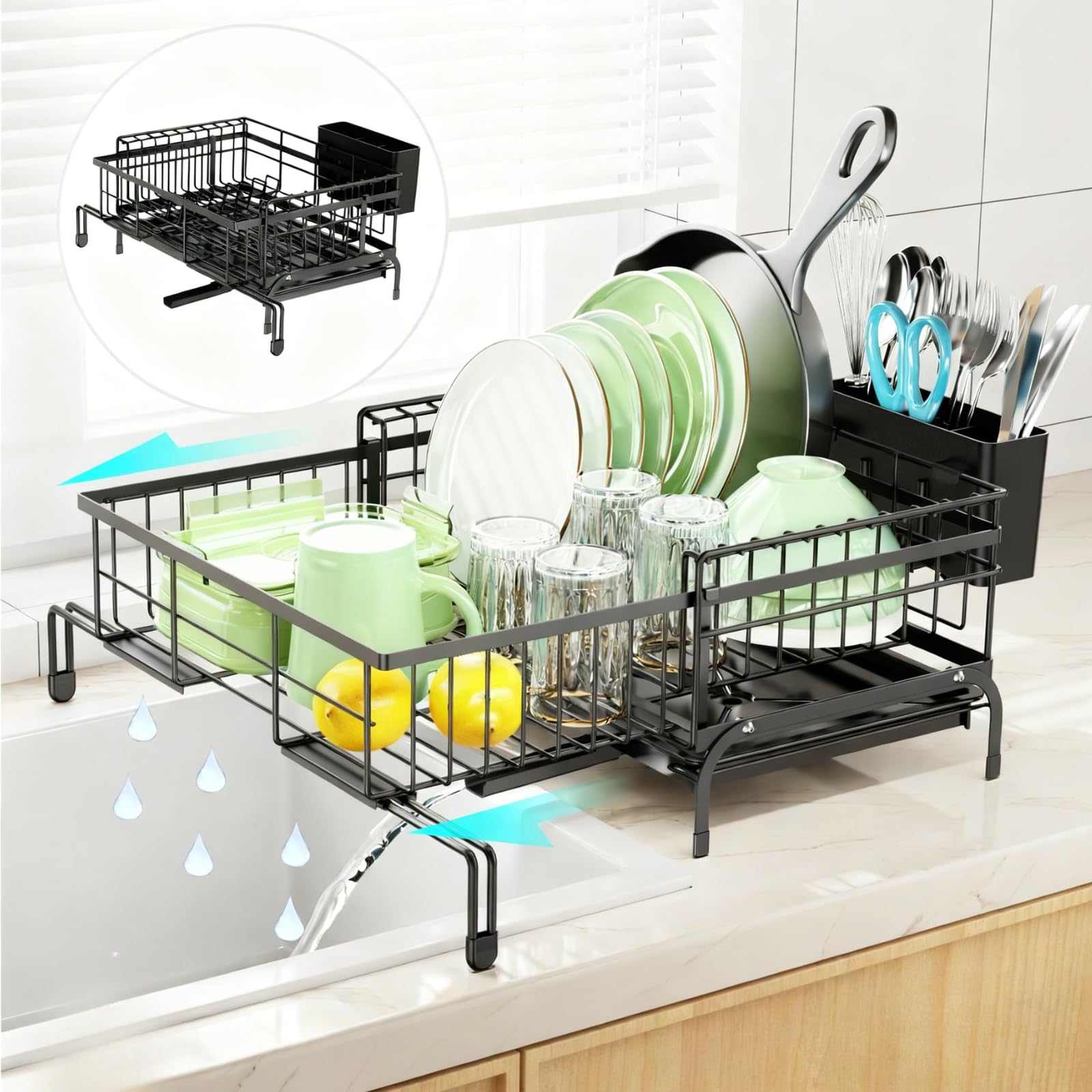 Photo 1 of GSlife Expandable Dish Drying Rack - Anti-Rust 2-in-1 Dish Racks for Kitchen Counter and Sink, Compact Dish Drainer with Pan Slot, Dish Rack with High Raised Edges for RV and Apartment, Black