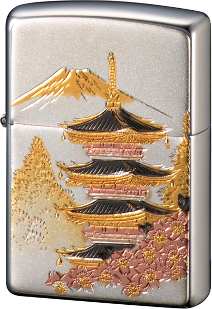 Zippo Lighter, Silver, Electric Cast Plate, Five Tower, Japanese Pattern