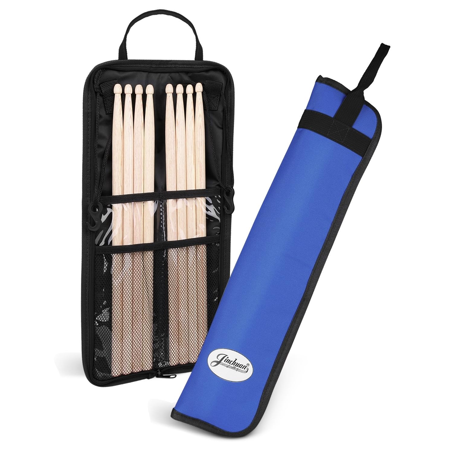 Flexzion Drum Stick Bag - Percussion Music Accessories Case with Hook, Card Holder, Adjustable Shoulder Strap & Carrying Handle - 4 Pairs Kid Drum Sticks Holder - Water-Resistant Fabric, Cobalt Blue