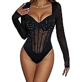 SHENHE Women's Glitter Rhinestone Sweetheart Neck Contrast Mesh Sheer Sexy Long Sleeve Bodysuit