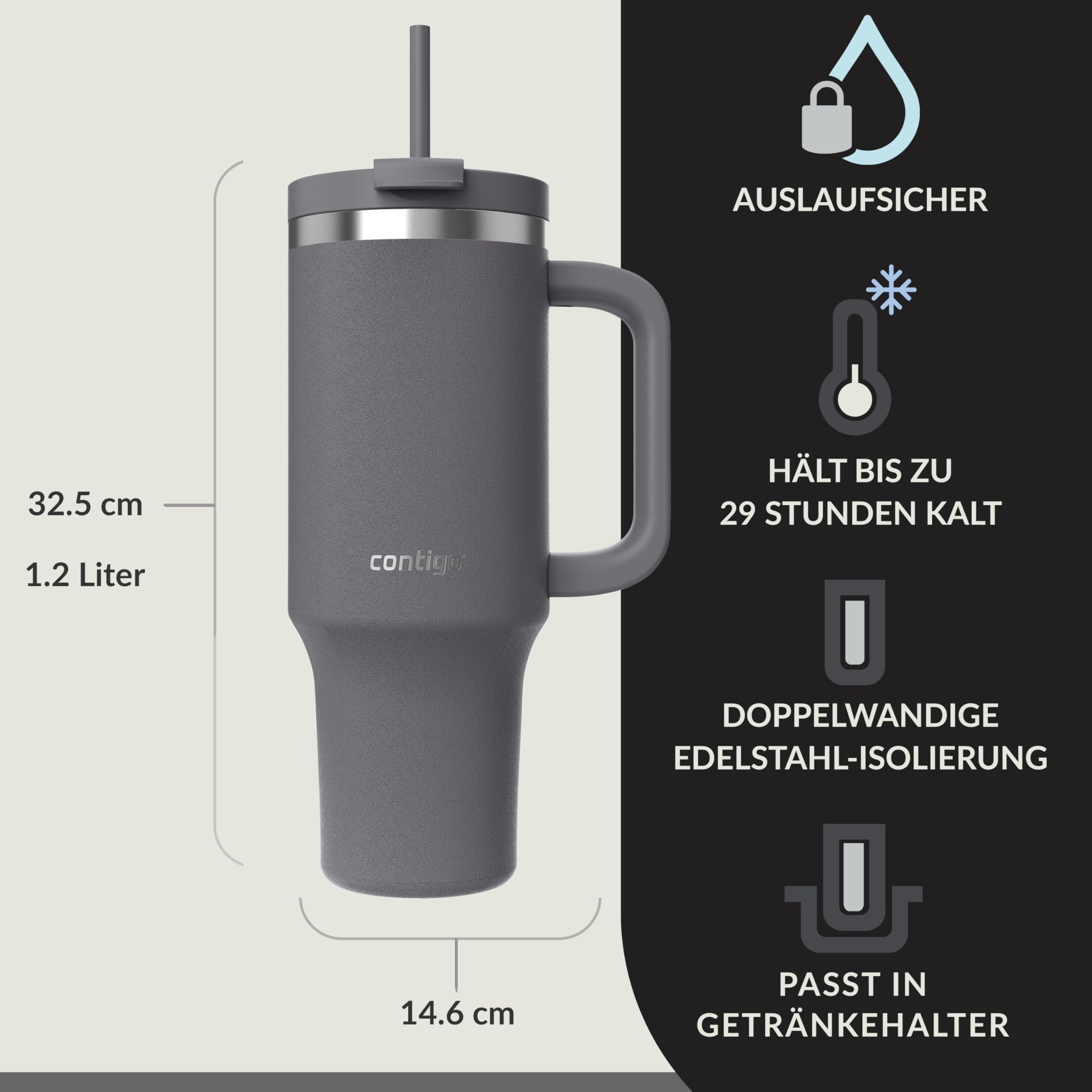 Contigo Thermosflasche 1200 ml mit Henkel und Strohhalm | Isolierte Thermo-Trinkflasche aus Edelstahl mit Deckel | Kühlt 29 Stunden | Reisebecher | Thermobecher | BPA-frei 2