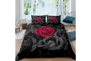 Feelyou Rose Duvet Cover Floral Print Bedding Set - Romantic Flowers Comforter Cover for Boys Girls Children Teens Bedroom Decor - 3D Black Red Rose Bedspread Cover Queen Size With 2 Pillow Cases