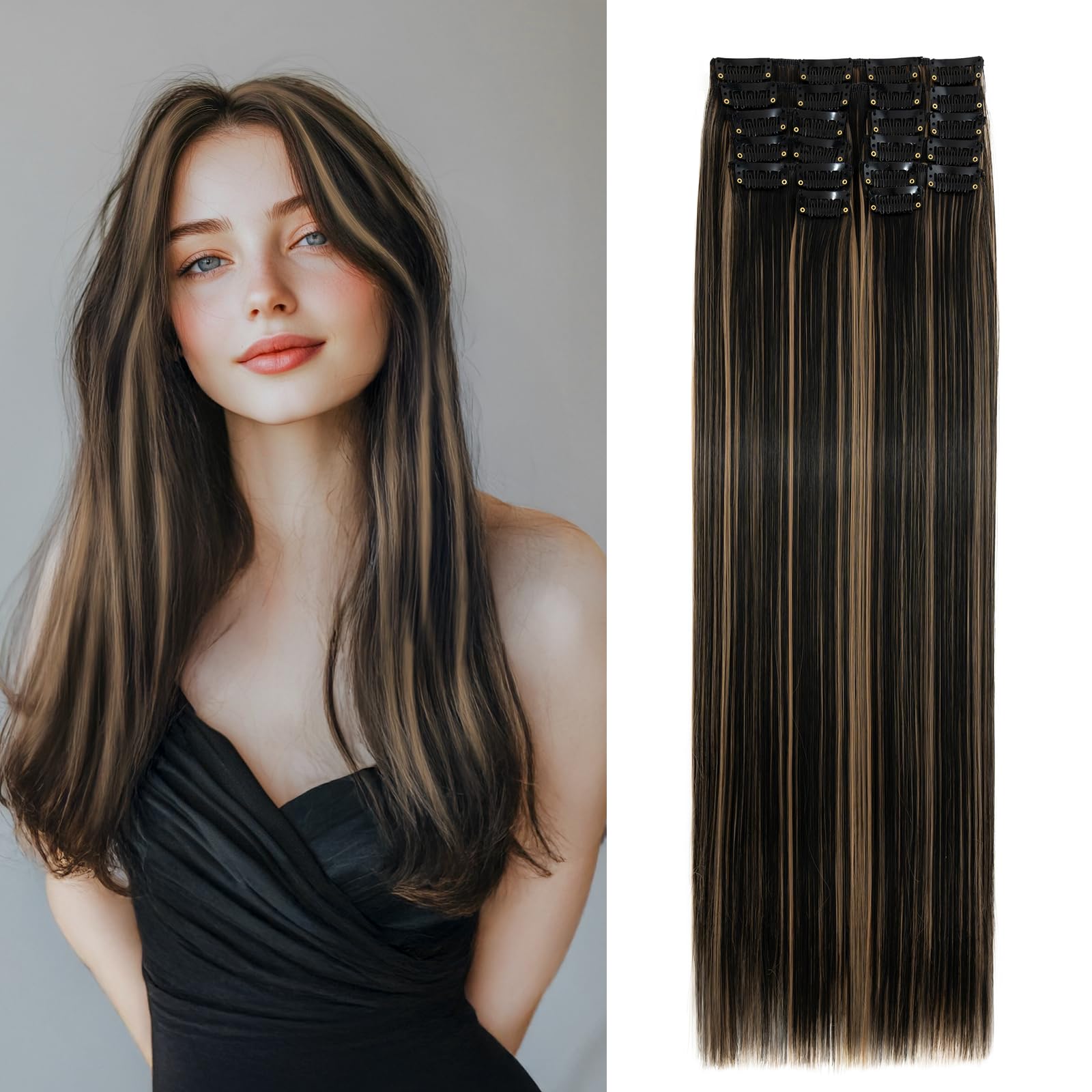 Benehair 22" Clip in Hair Extensions 12 Pcs Long Straight Hair Extensions Clip in Synthetic Fiber Full Head Natural Extension Black mix Dark Brown Hair Piece for Women(Black mix Dark Brown, 180g) — image 1