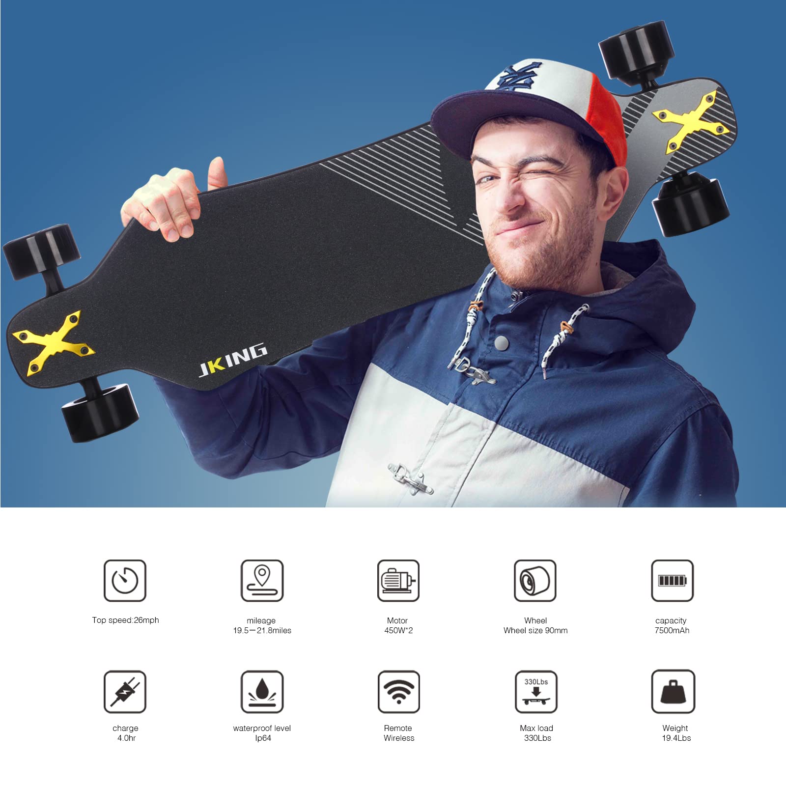 JKING Electric Skateboard Electric Longboard with Remote Control Electric Skateboard,900W Hub-Motor,26 MPH Top Speed，21.8 Miles Range,3 Speed Adjustment，Max Load 330 Lbs,6 Months Warranty