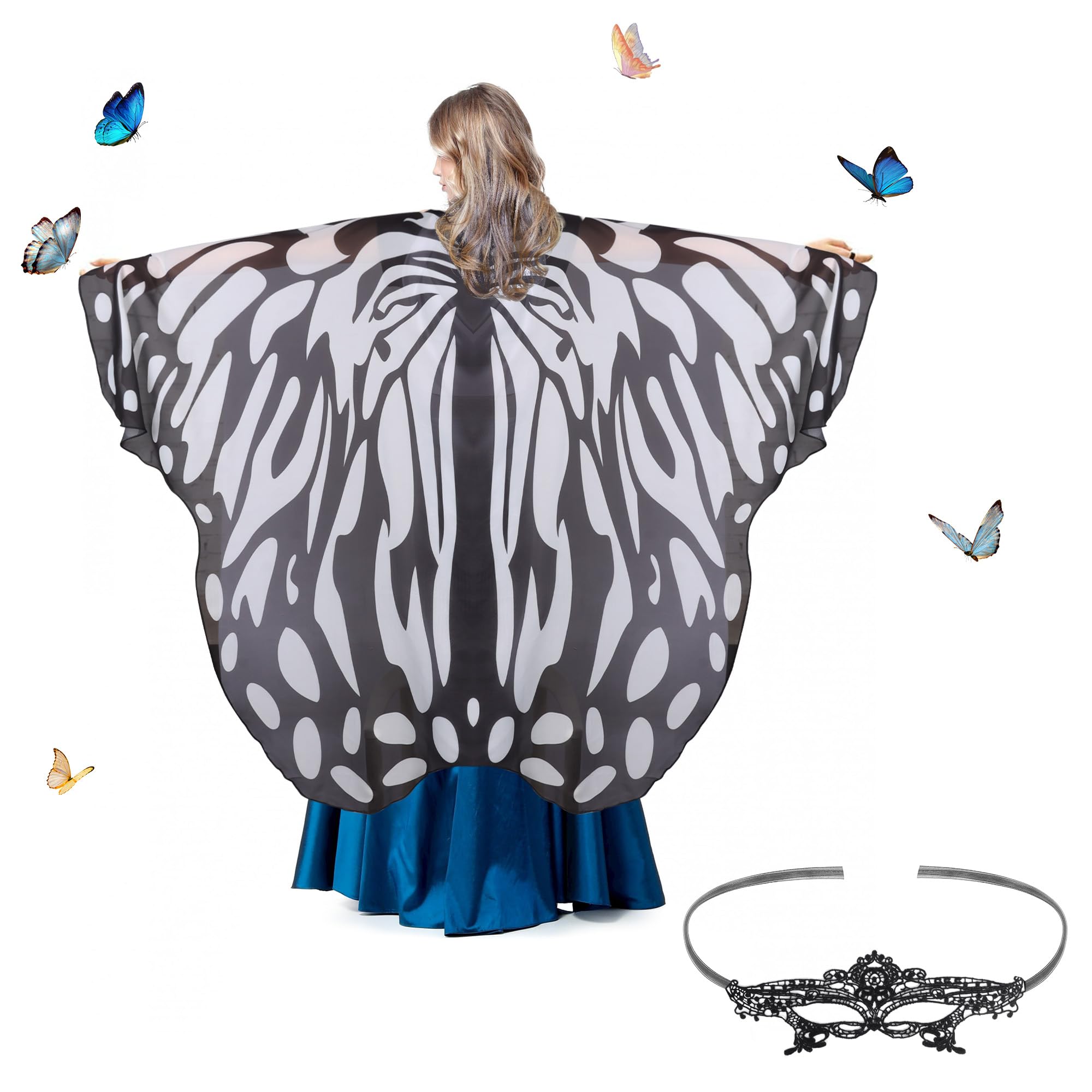 Kaket Butterfly Wings Adult Women with Mask, Womens Butterfly Wings Cape Fancy Dress Up, Butterfly Wings Shawl Adult for Halloween Christmas Party Cosplay Dancing (Style 6- Black & White) — image 1