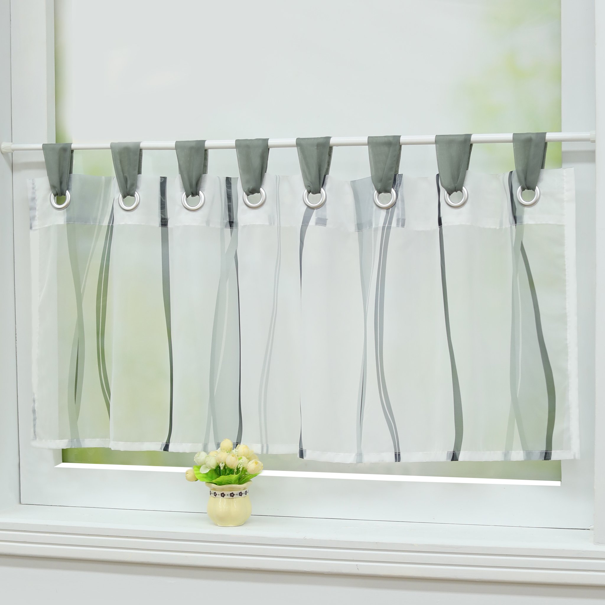 Joyswahl Leonie Transparent Half Curtain with Tabs and Rod Pocket Striped Kitchen Window Decoration Grey HxL 60 x 140 cm