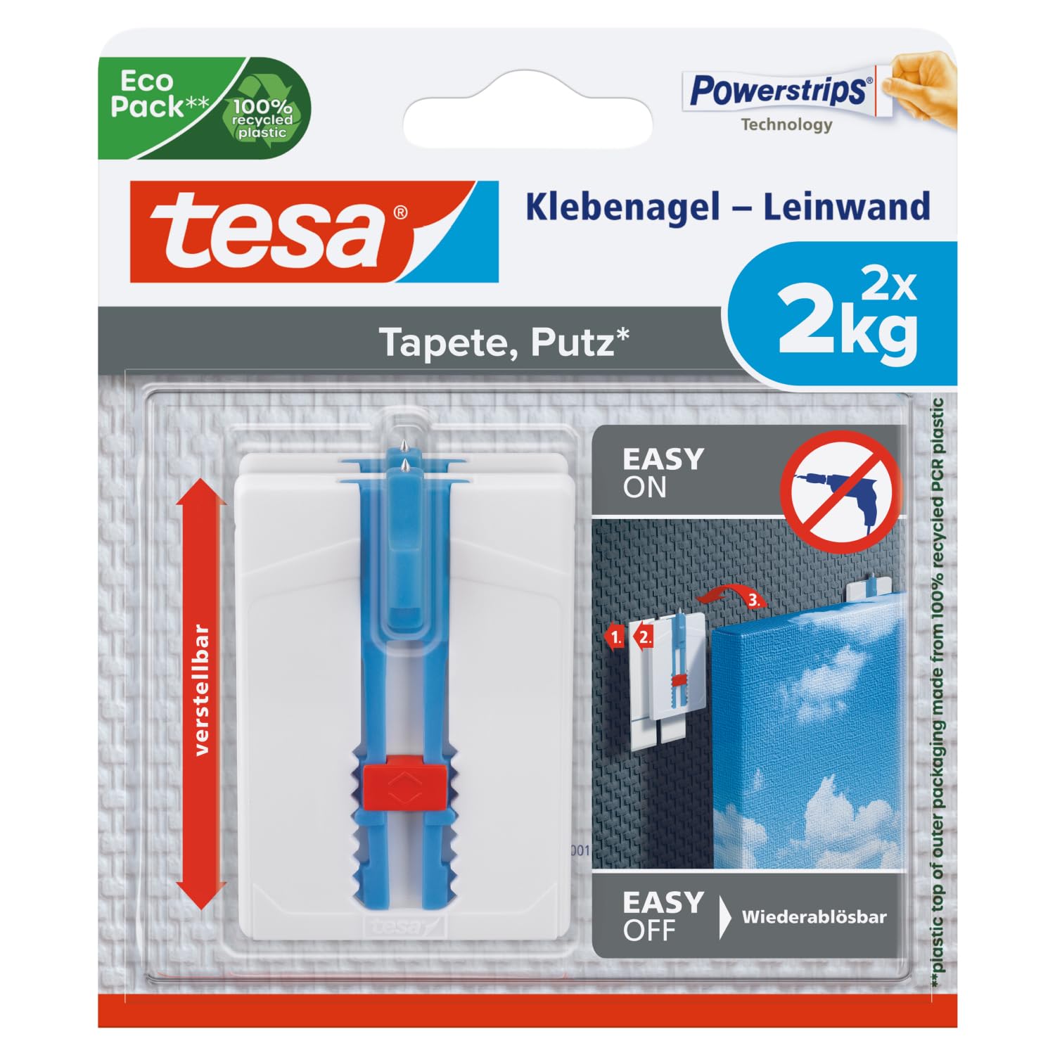 tesa Adhesive Nail Canvas - Wallpaper & Plaster – Adjust. in Height – self-adh. Nail – Canvas & Stretcher Frame – adh. Power 2kg/Nail – remov. w/Out Trace — image 1