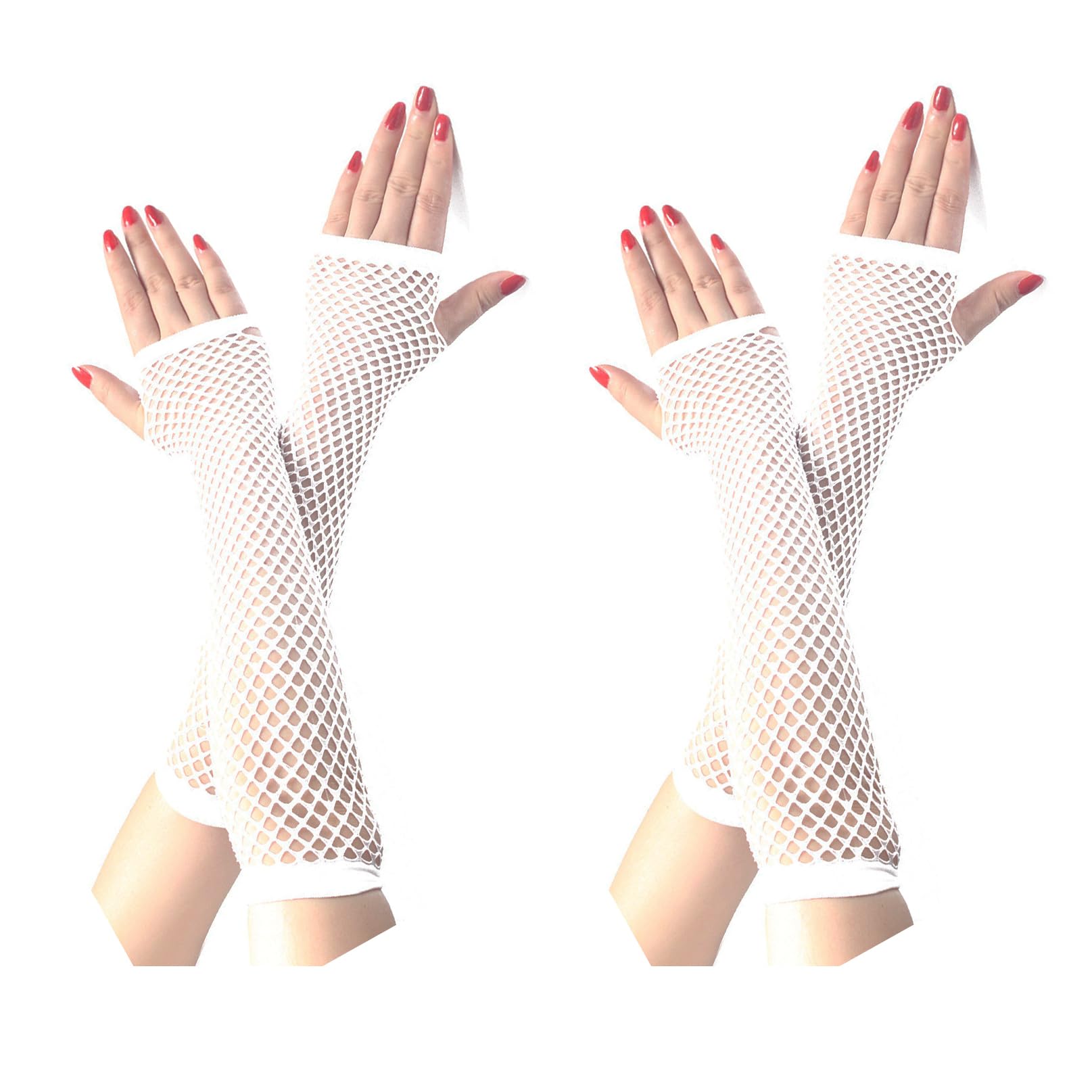 COSFAN 2 Pairs Fishnet Gloves Women Fingerless Long Gloves Elastic Mesh Glove 1920s Hollow Gloves for Evening Party Halloween (White)