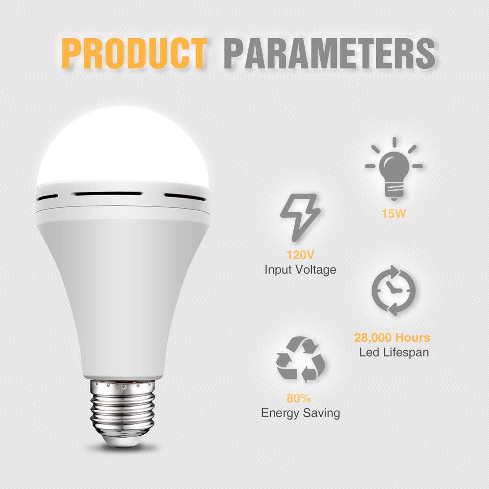 4 Pack Rechargeable Emergency LED Bulb 1200mAh 15W 80W Equivalent 6000K Battery Operated Light Bulb E27 with Hook for Power Outage Camping Tent Hurricane