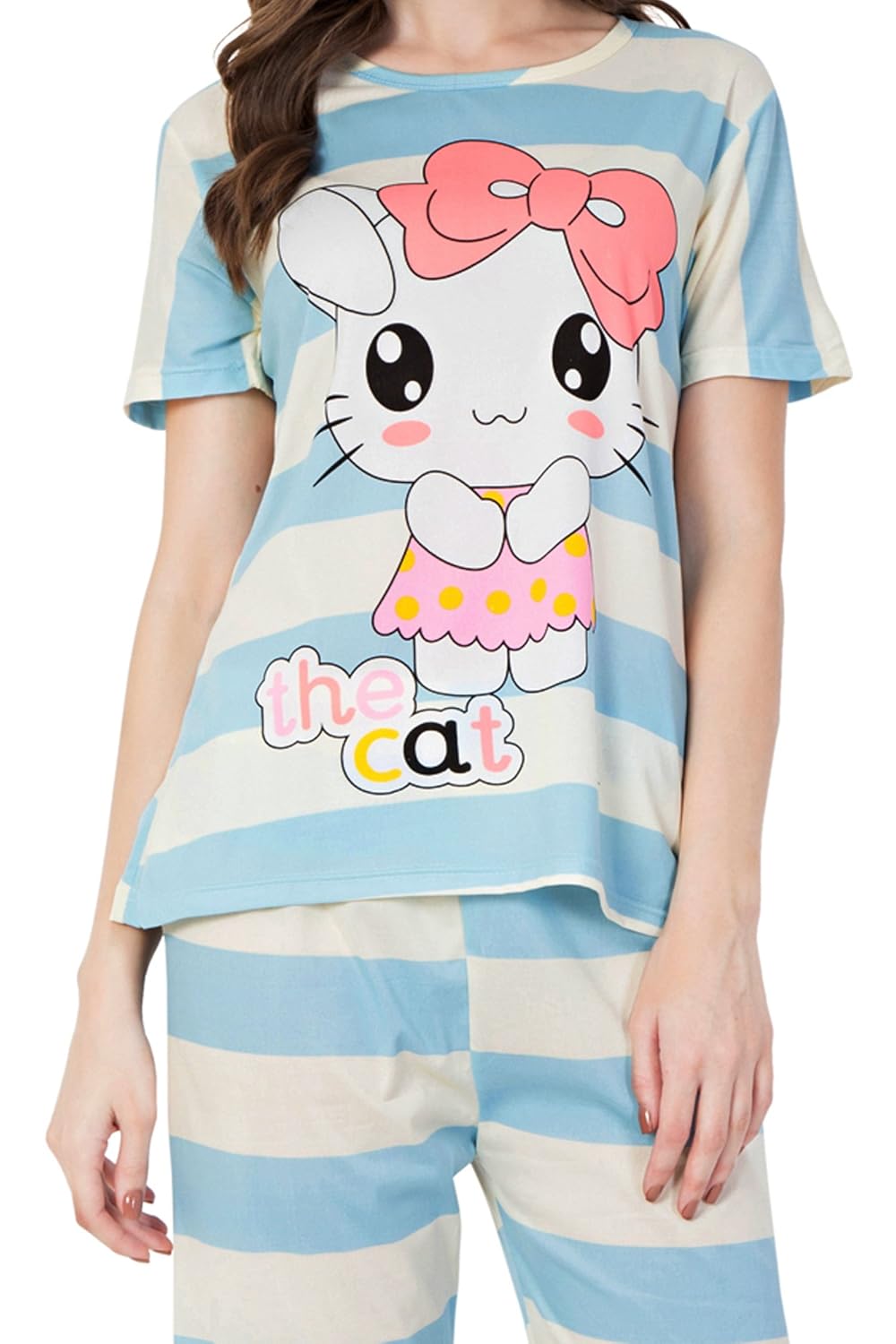 fflirtygo capri set for women cotton/nightwear pajama set for women/night dress/lounge wear/night suit/short sleeve/printed on sky blue color/3/4 pajama set