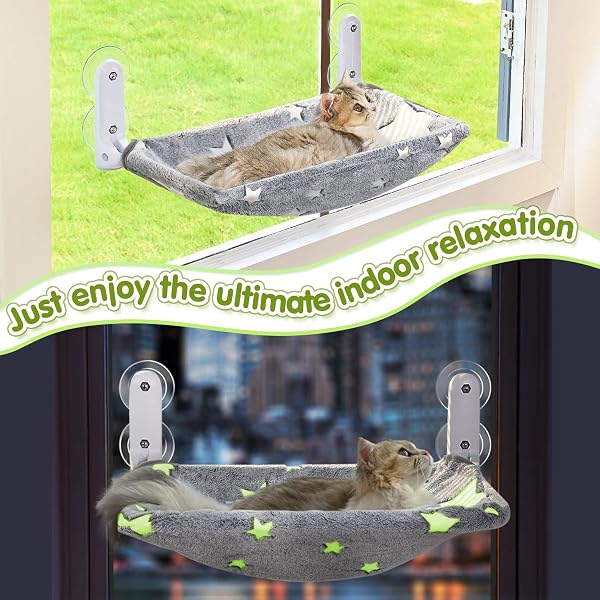 ZORATOO 2PC CAT WINDOW PERCH, GLOW IN THE DARK CORDLESS FOLDABLE PET HAMMOCK BED FOR WINDOW WITH STURDY METAL FRAME, GLOWING STARS PATTERN RESTING SEAT FOR INDOOR CATS (2PC STARS – L)