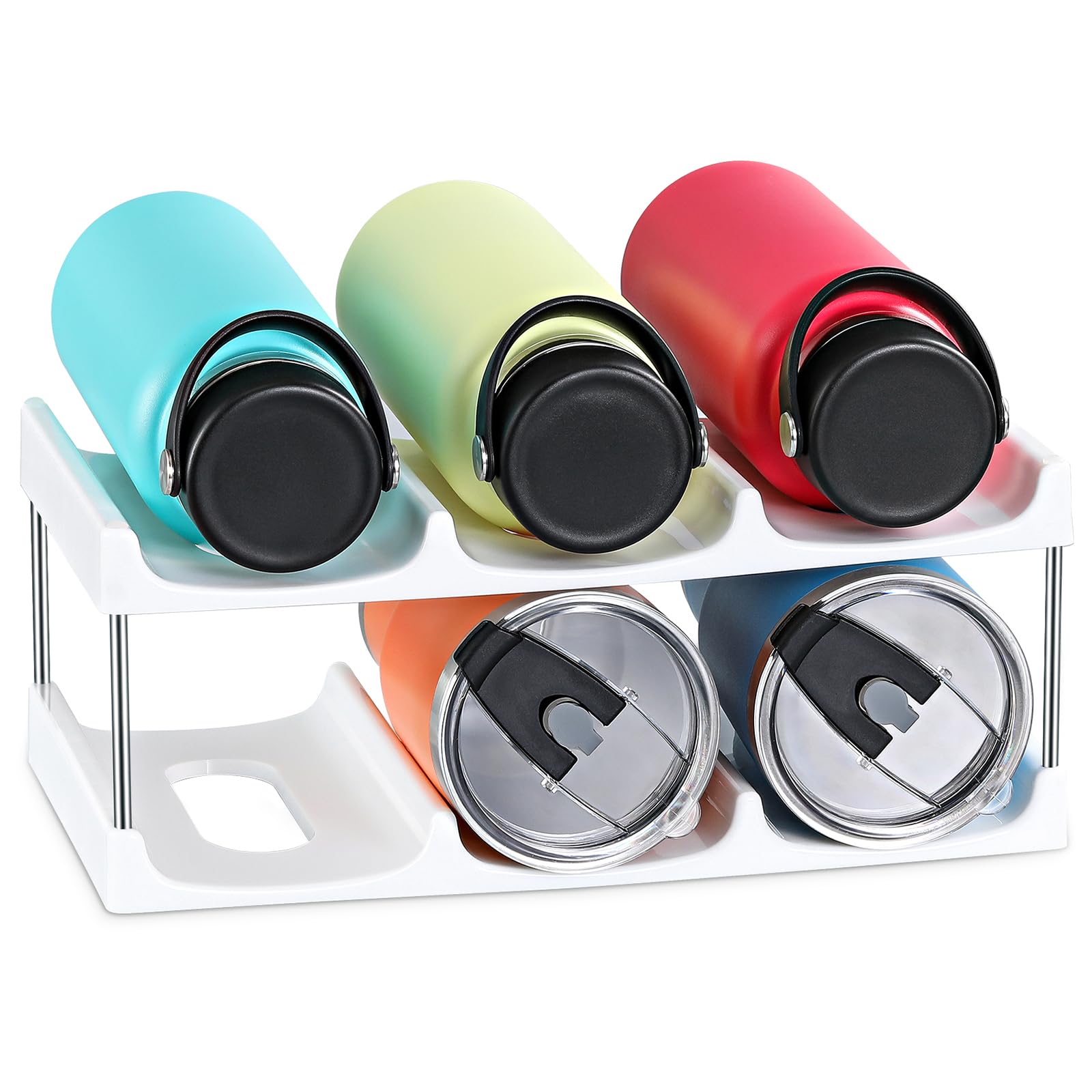 Photo 1 of LANDNEOO Stackable Water Bottle Organizer Holder - for Stanley & Others' Large Tumbler Organization - White Plastic Wine Rack, Bottle Holder for Home Countertop Fridge Pantry Shelf, 2 Tier Hold 6
