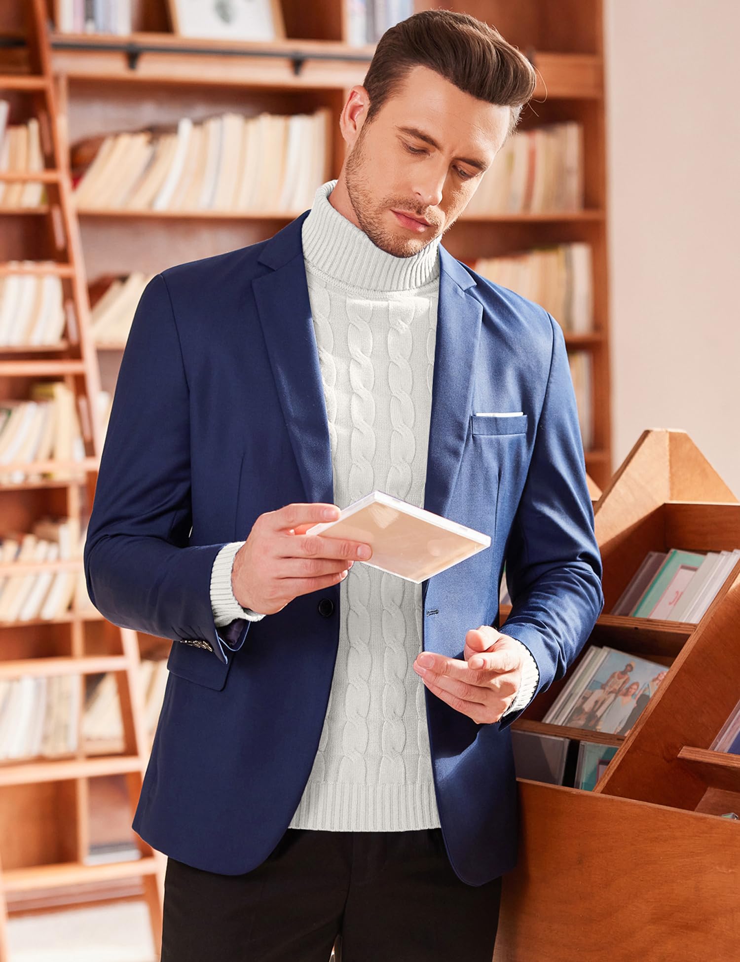 COOFANDY Herren Pullover Rollkragen Strickpullover Zopf Pullover Turtleneck Rollkragenpullover Warme Sweater Winter Basic Weiß L 3