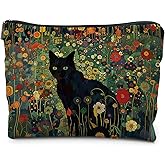 RYYCDOI Cat Gifts for Women Cat Lovers, Floral Black Cat Makeup Bags for Women Cosmetic Pouch