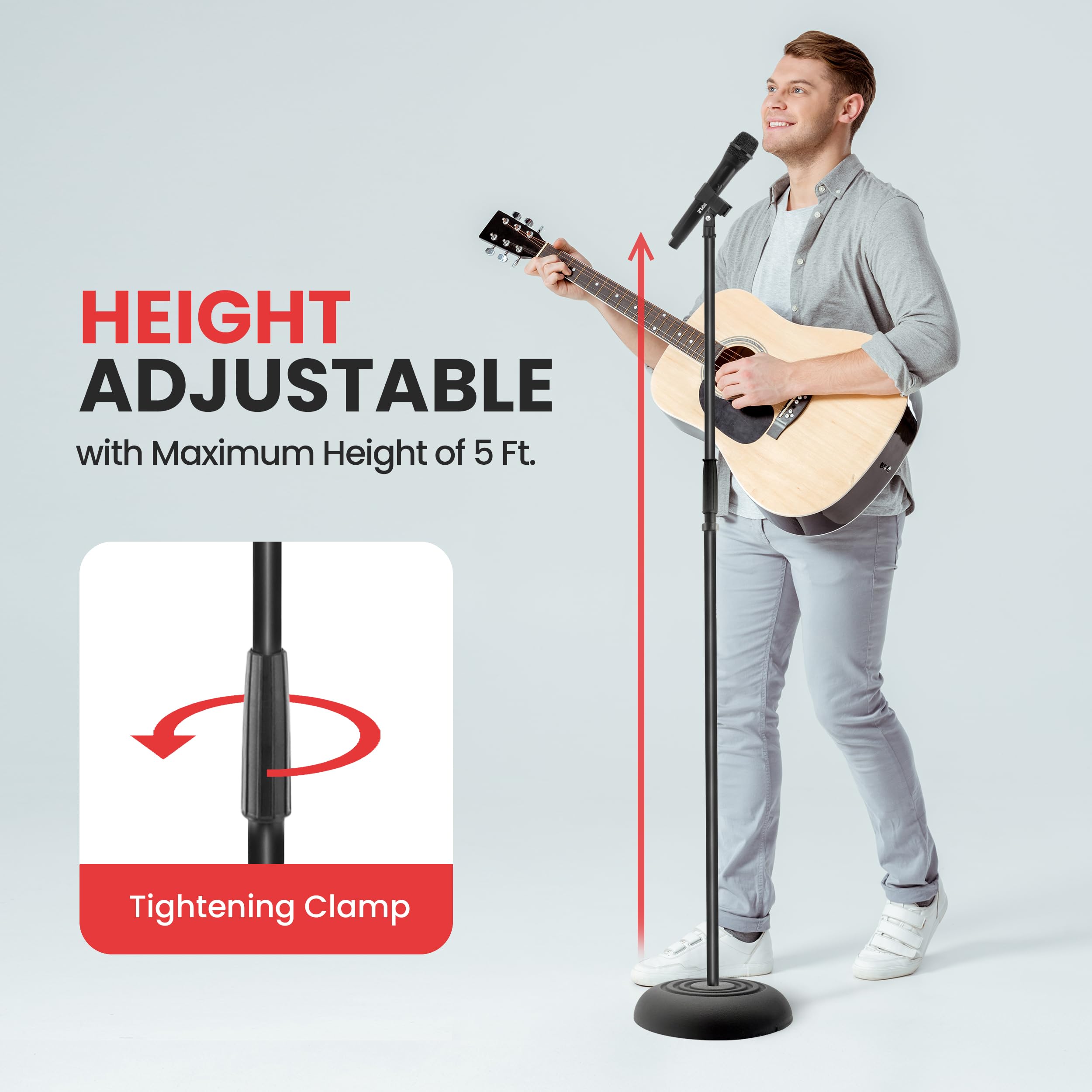 Pyle Universal Microphone Stand - Handheld Mic Compatible, Heavy Compact Base, Lightweight & Compact Design, 2.8 to 5 Ft Height Adjustable Clamp, Pivot Angle Clip, Home/Studio Use (Pair)