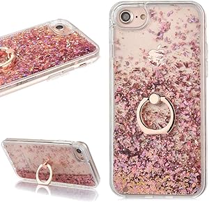 Liquid Glitter Rose Gold Case for iPhone 6 Plus 6S Plus with Ring Holder Stand Bling Sparkle Quicksand Floating Flowing Waterfall Gradient Hearts Clear Crystal Hard Plastic Cover for Girls Woman