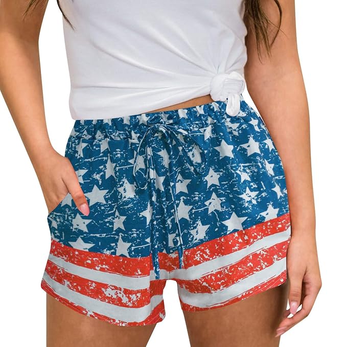 Buy July 4th Womens Stars Striped Patriotic American Summer Cotton Casual Shorts with Drawstring 
