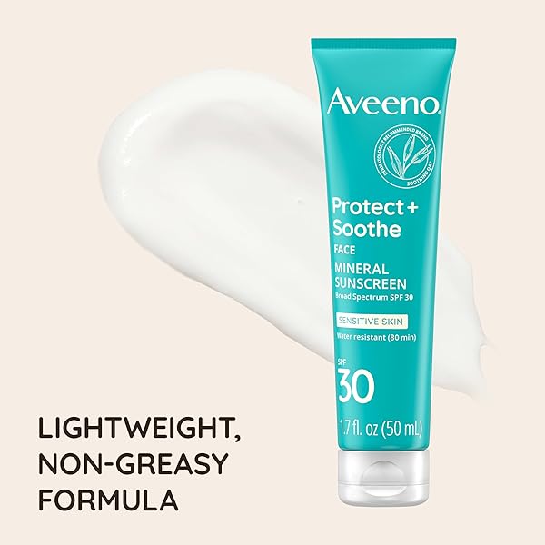 AVEENO PROTECT + SOOTHE FACE MINERAL SUNSCREEN WITH BROAD SPECTRUM SPF 30 FOR SENSITIVE SKIN, LIGHTWEIGHT & NON-GREASY FACE SUNSCREEN, WATER-RESISTANT UVA/UVB PROTECTION, 1.7 FL. OZ