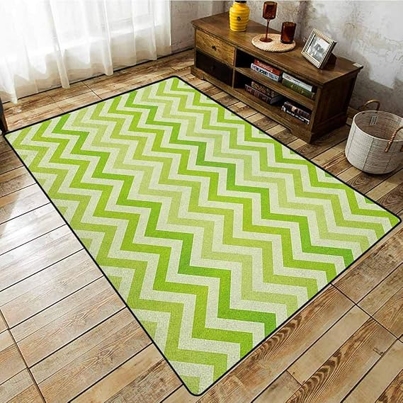 Bedroom Rug，Lime Green，Chevron Traditional Zig Zag Pattern with