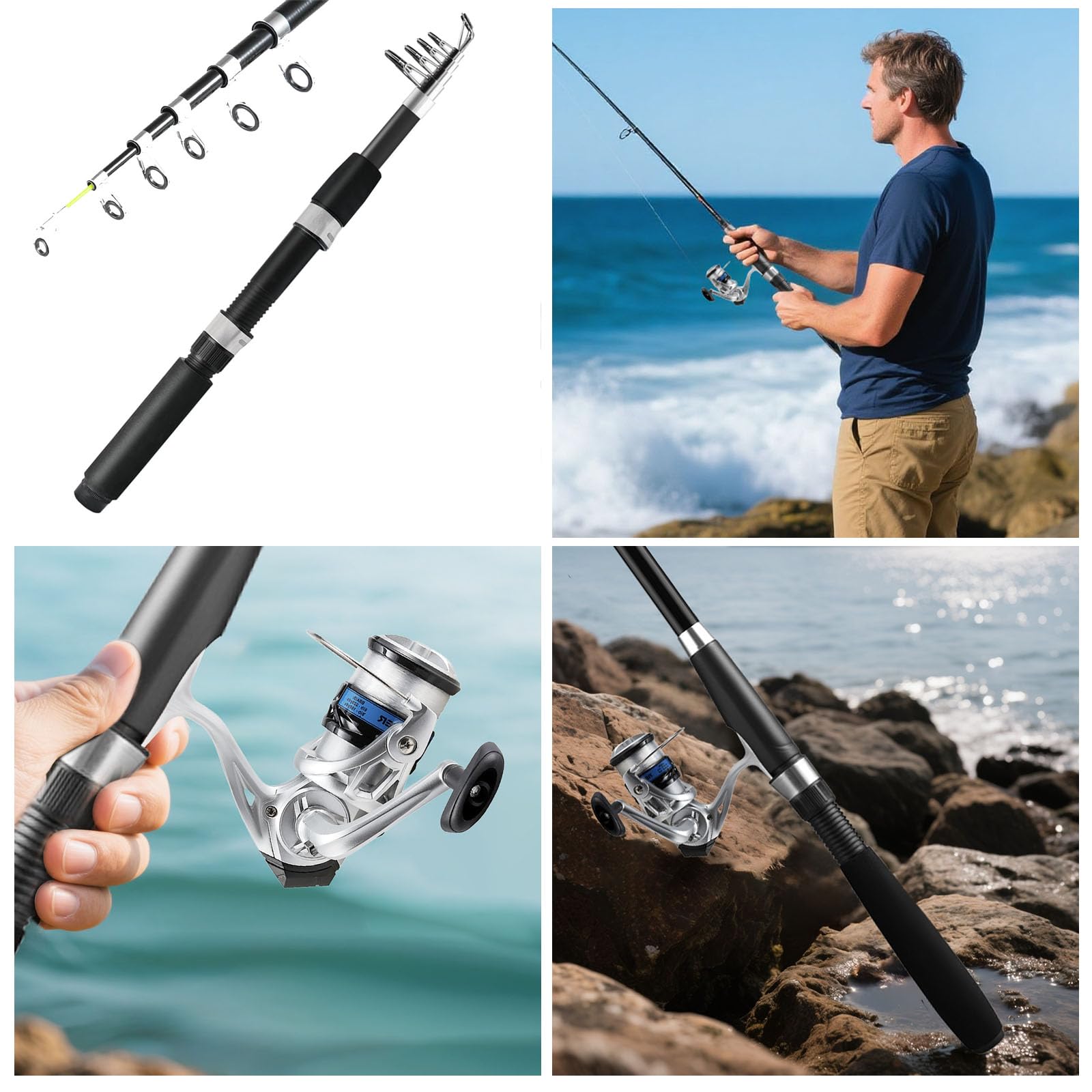 Telescopic Fishing Rod and Reel Combo, 2PCS 5.9FT Collapsible Fishing Pole Set with Pre-Loaded Spinning Reel Lures and Carrier Bag, Saltwater Freshwater Fishing Gear for Adults