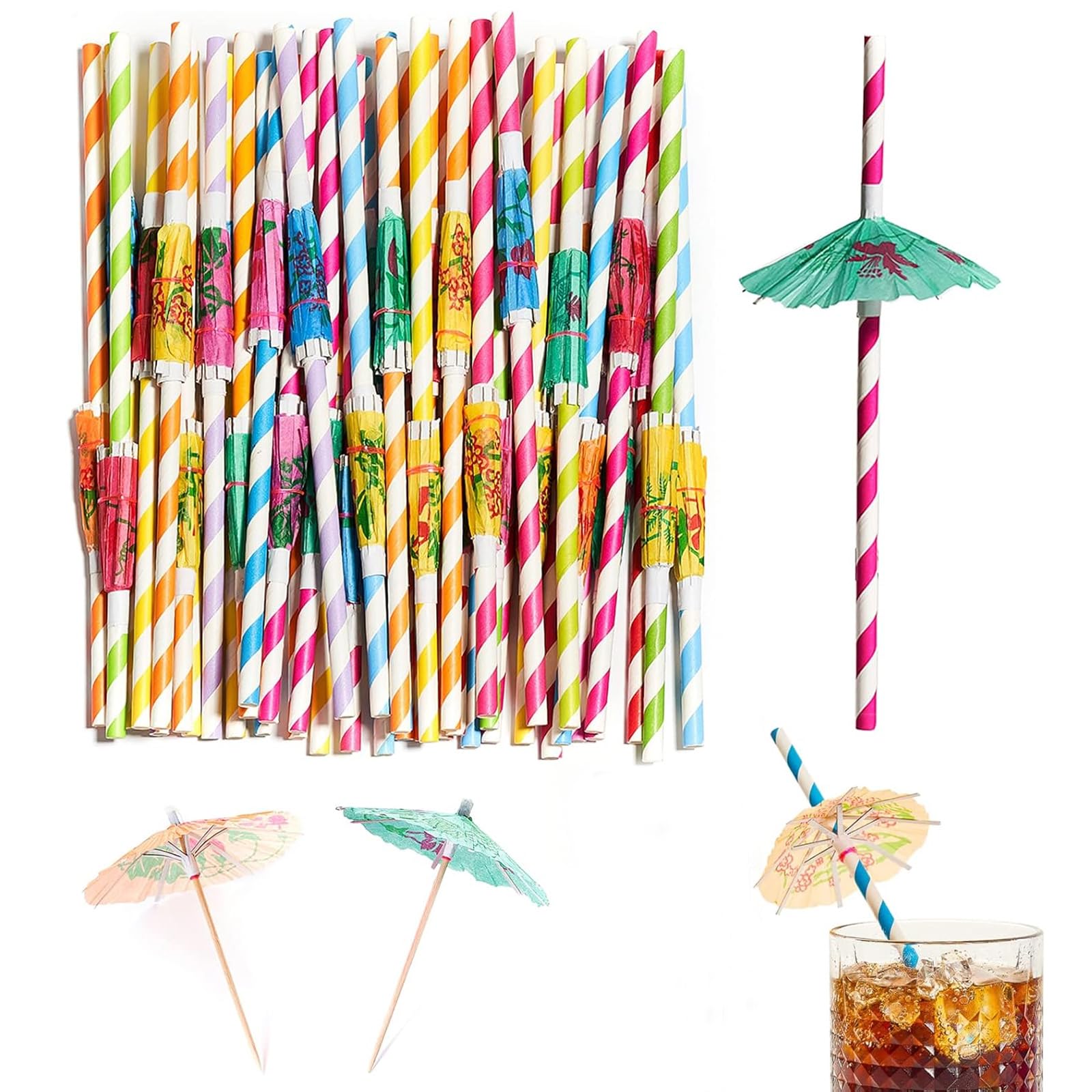 50PCS Cocktail Straws, Tropical Party Supplies Cocktail Umbrella Straws, Colored Long Straw with Umbrella Shape Decorate, Cocktail Tumbler Straws, Used for Drinking (Color Random) ﻿