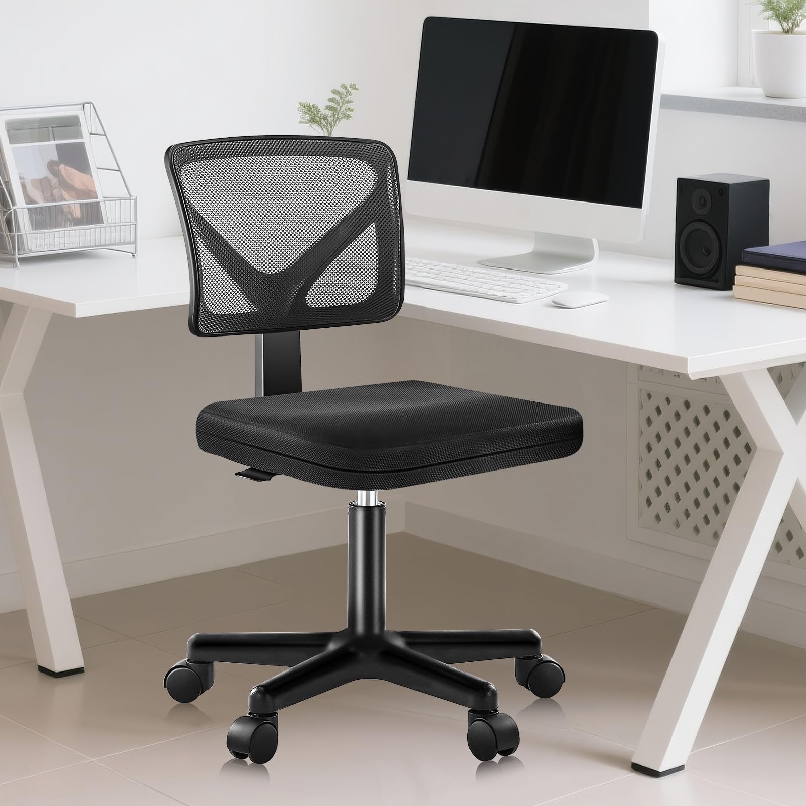 Photo 1 of ***(PARTS ONLY/ MISSING PARTS/ NON FUNCTIONAL)***DUMOS Armless Desk Chairs with Wheels, Ergonomic Adjustable Home Office Swivel Rolling Task Chair No Arms, Comfy Mesh Mid Back Computer Work Vanity Desk Seat for Small Spaces, Black