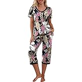 PrinStory Women's Pajama Set Short Sleeve Shirt and Capri Pants Sleepwear Pjs Sets with Pockets