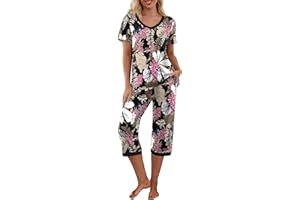 VINTATRE Womens Pajamas Set Short Sleeve Shirt and Capri Pants Sleepwear with Pockets Pjs Sets