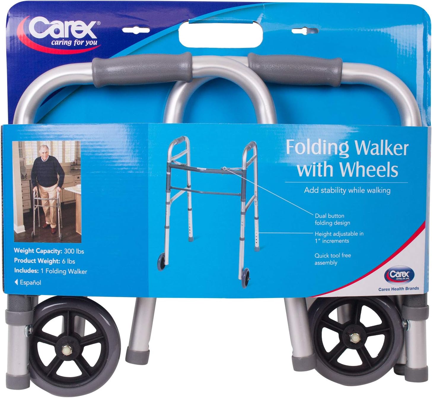 Carex Folding Walker for Seniors - Adult Walker With Wheels - Portable Medical Walker with Adjustable Height, 30-37 Inches: Health & Personal Care