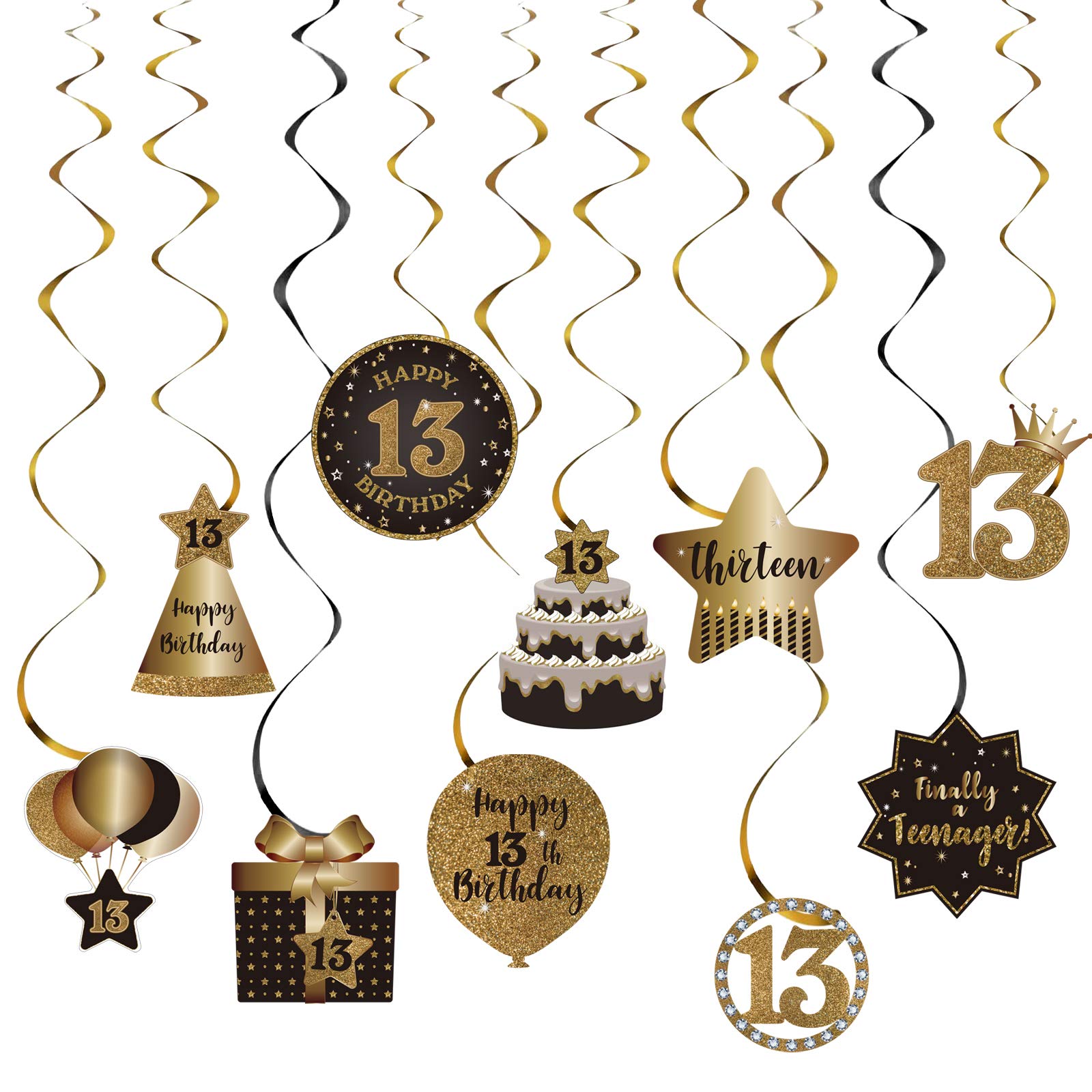 SZHUIHER Happy 13th Birthday Party Hanging Swirls Streams Ceiling Decorations, Celebration 13 Foil Hanging Swirls with Cutouts for 13 Years Old Black and Gold Birthday Party Decorations Supplies