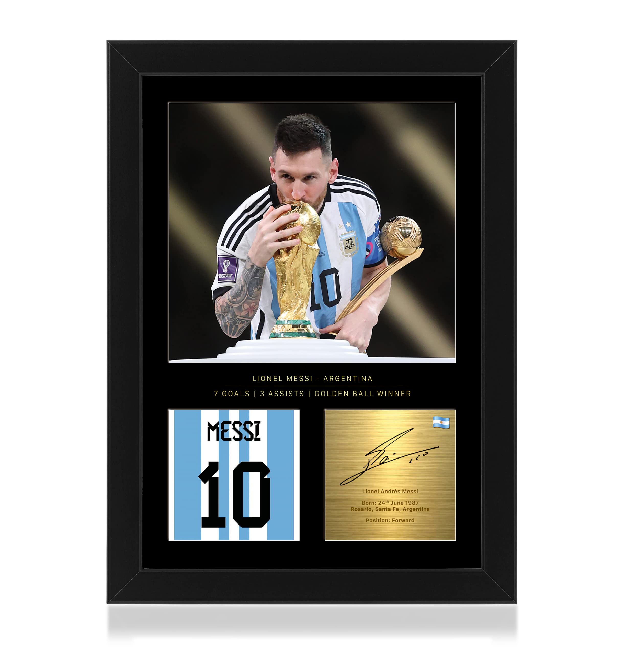 Win FC Lionel Messi Celebratory World Cup 2022 A4 Framed Photo Display - Reproduced Digital Signature - Gift For Football Fans