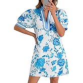 Wenrine Womens Summer Mini Dress Casual Floral Puff Sleeve V Neck Color Block Loose Boho Beach Dresses with Pockets